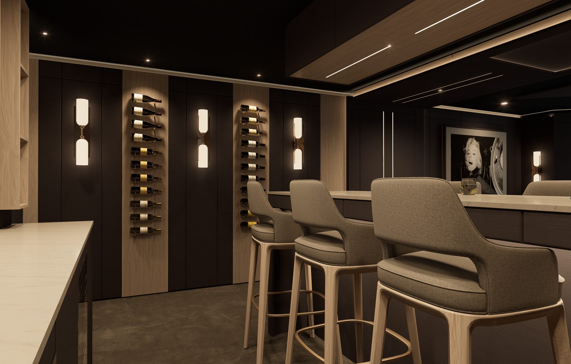 Wine display columns and sconce lighting