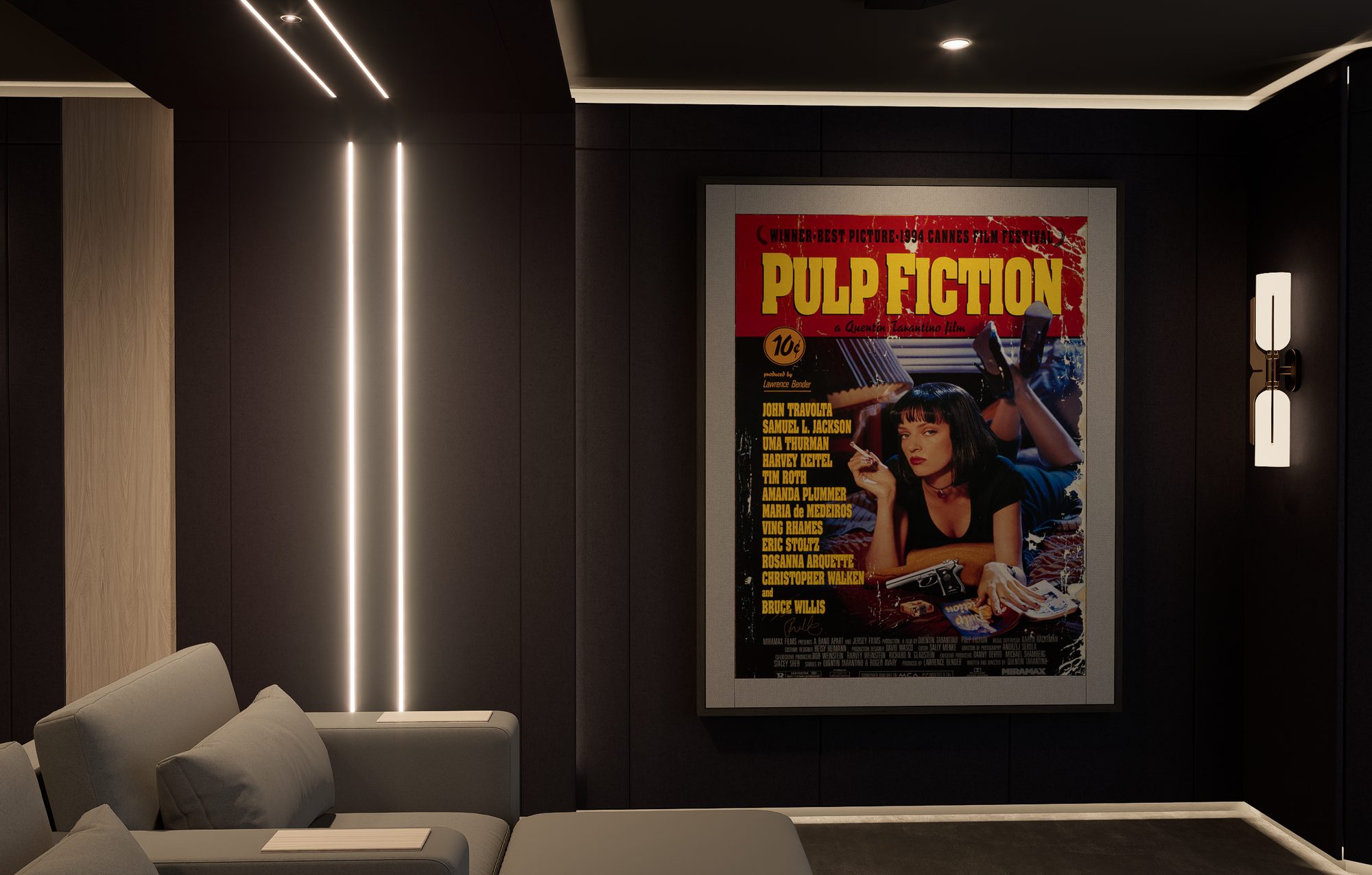 Framed Pulp Fiction poster with linear lighting detail