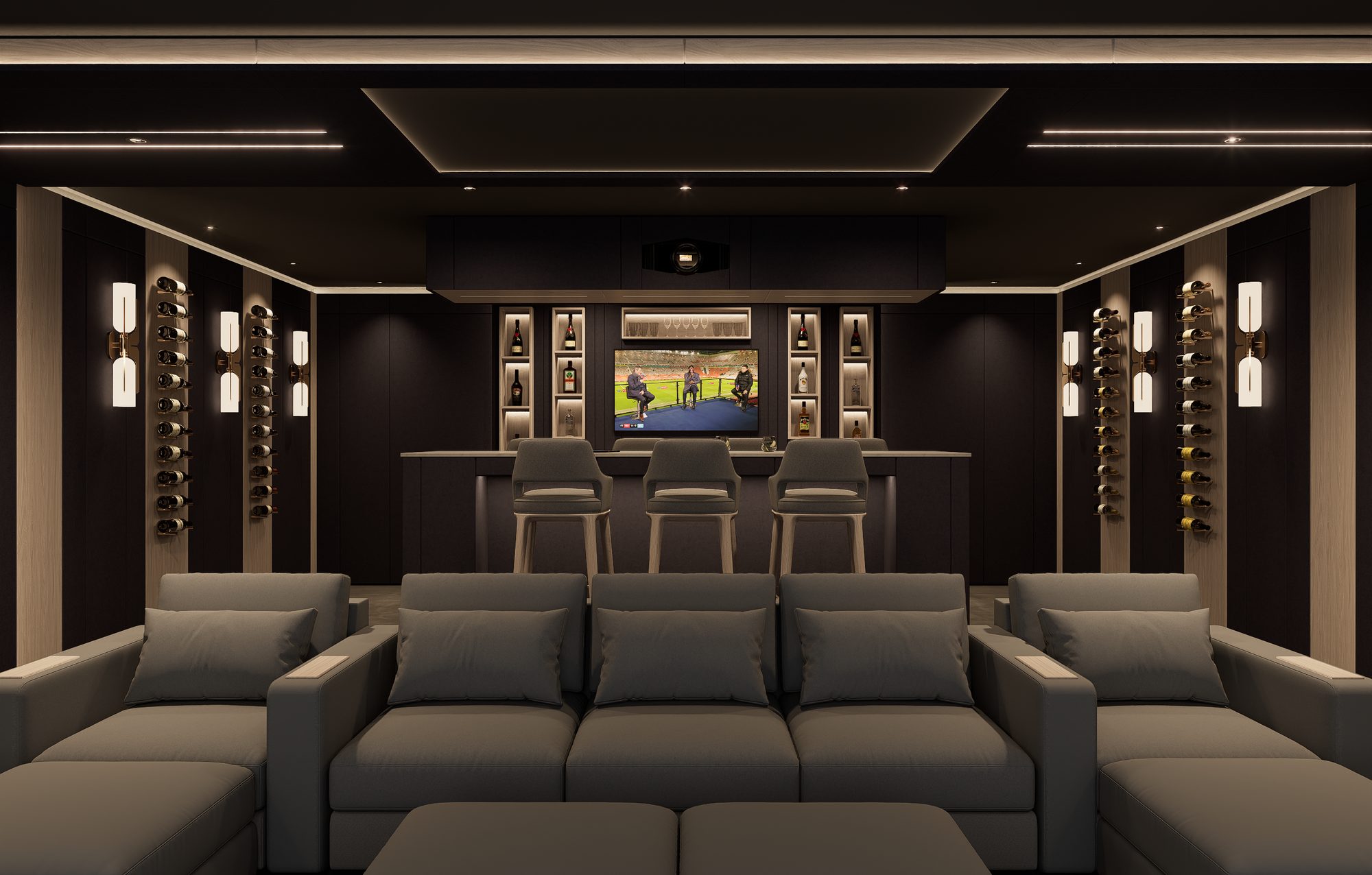 The cinema on axis: seating leading to the bar
