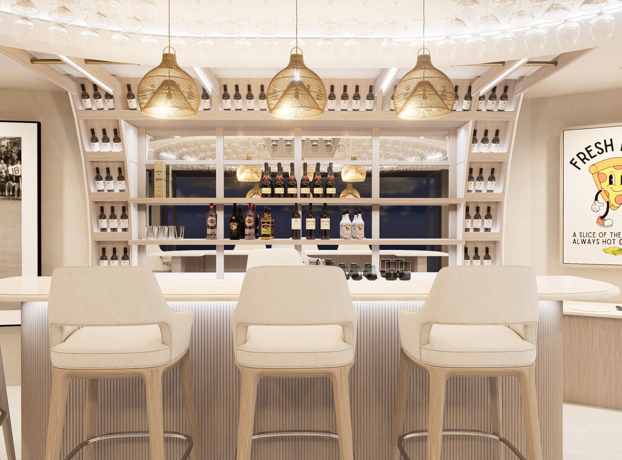 Bar detail with navy back and brass