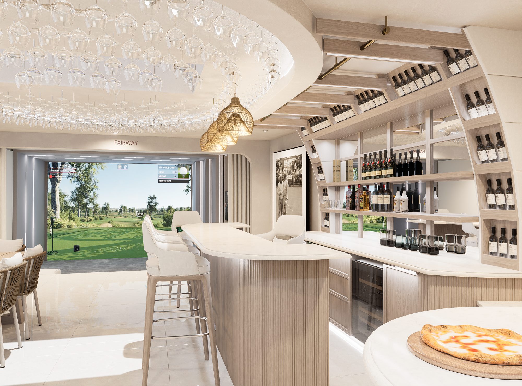 The Fairway pavilion bar with golf simulator and wood-fired oven