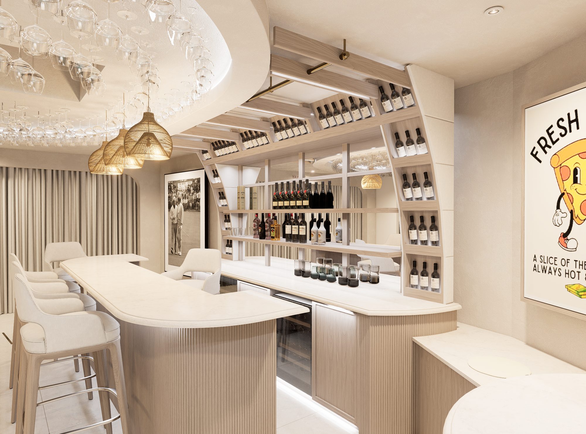 The curved bar and backlit wine wall