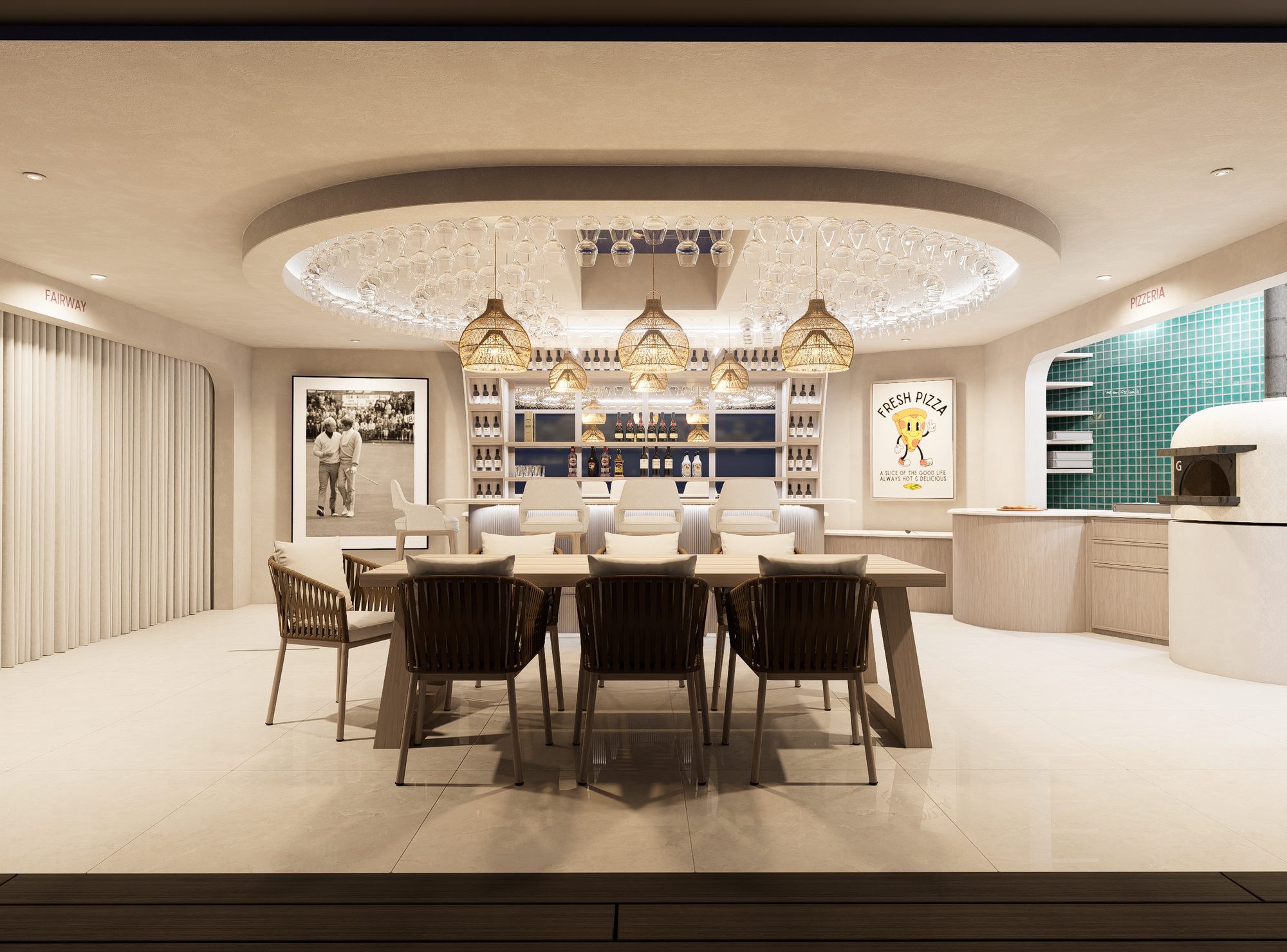 Bar seating beneath the glass ceiling
