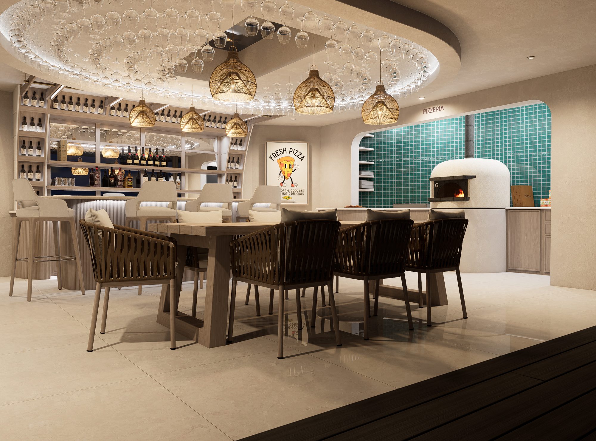 The pavilion interior: bar, dining and champagne-glass ceiling