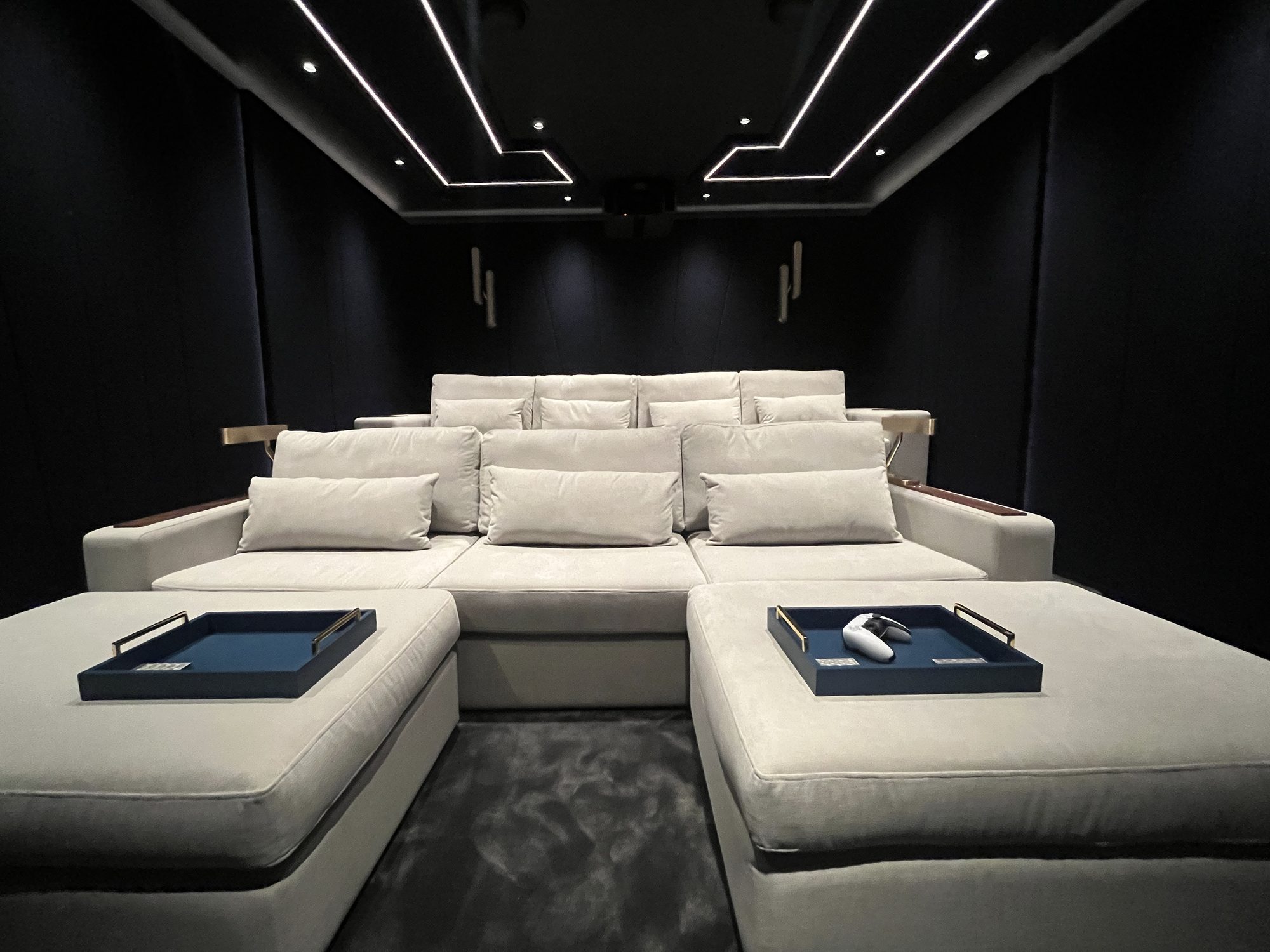 The Transformer: two rows of cinema seating facing the screen, navy walls and a lit ceiling raft